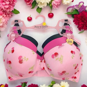 Juicy Couture Sexy Cherry Print, Pink, Black 3 Piece Pushup Bra Set Size 36D